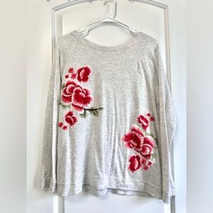 Floral Embroidered Sweatshirt Gray Long Sleeve Top Rose Appliqué